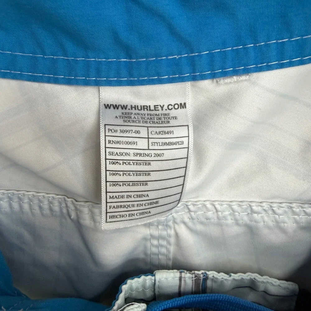 VTG Y2K Hurley Mens Plaid Board Shorts SIZE LARGE White Blue Cargo Swim Trunks‎